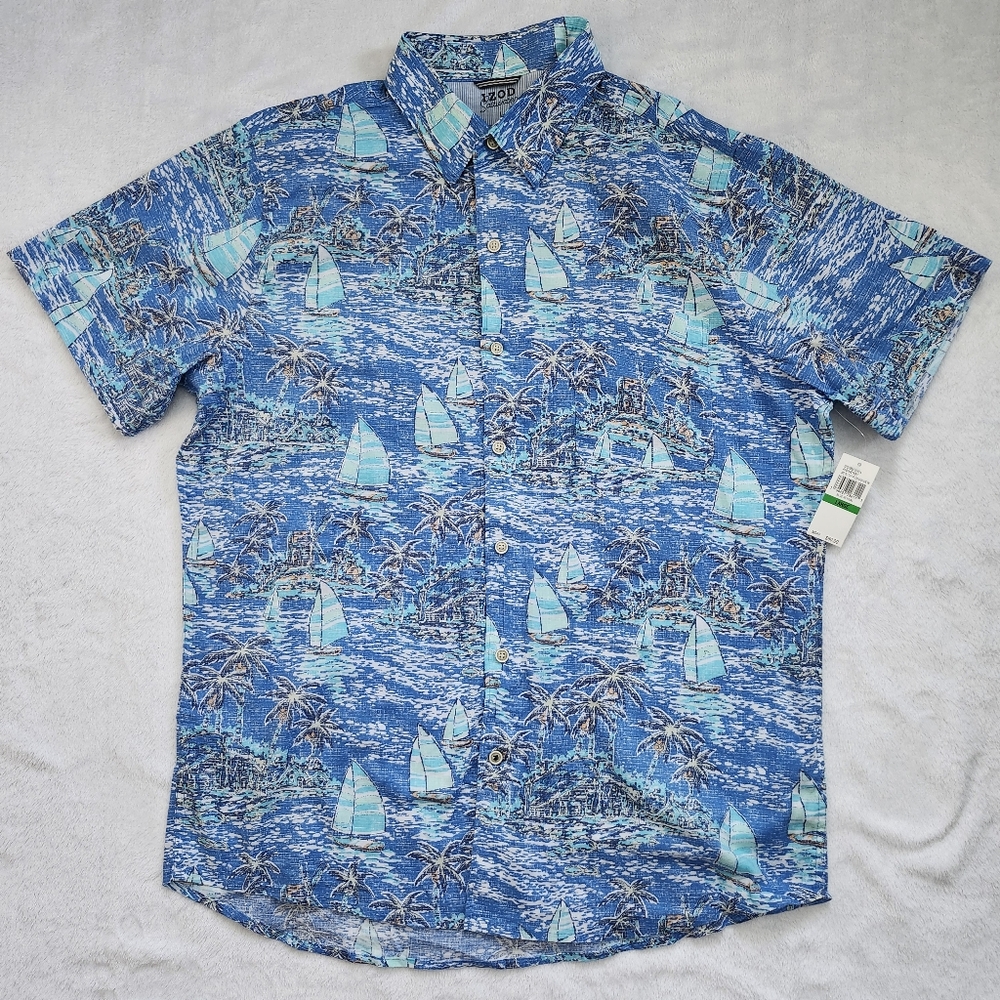 IZOD Saltwater Blue Revival Sailboat Palm Trees Short Sleeve Cotton Shirt Large